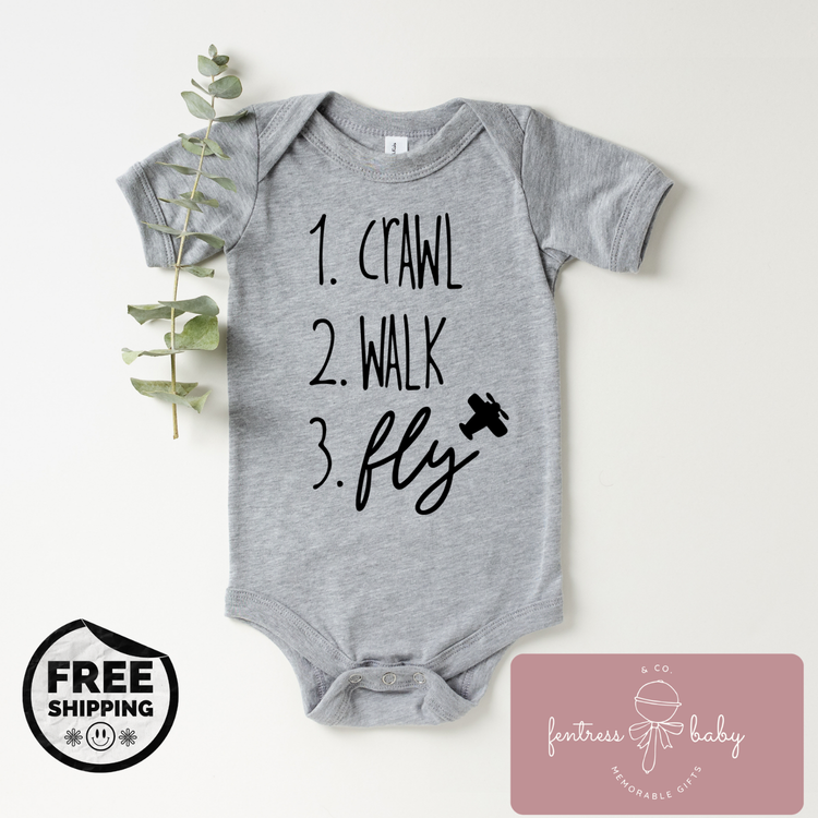 1. Crawl 2. Walk 3. Fly Pregnancy Announcement Onesie