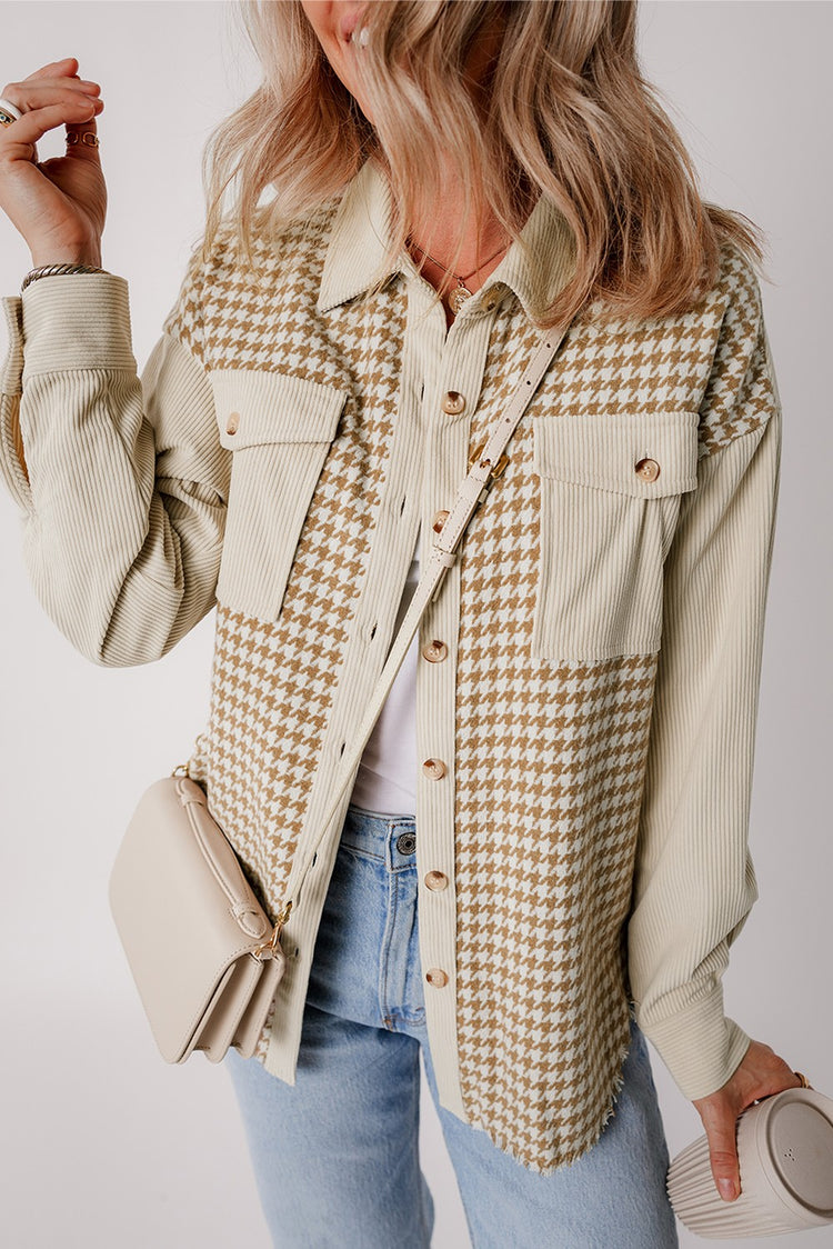 Houndstooth Corduroy Patchwork Flag Pocket Shacket