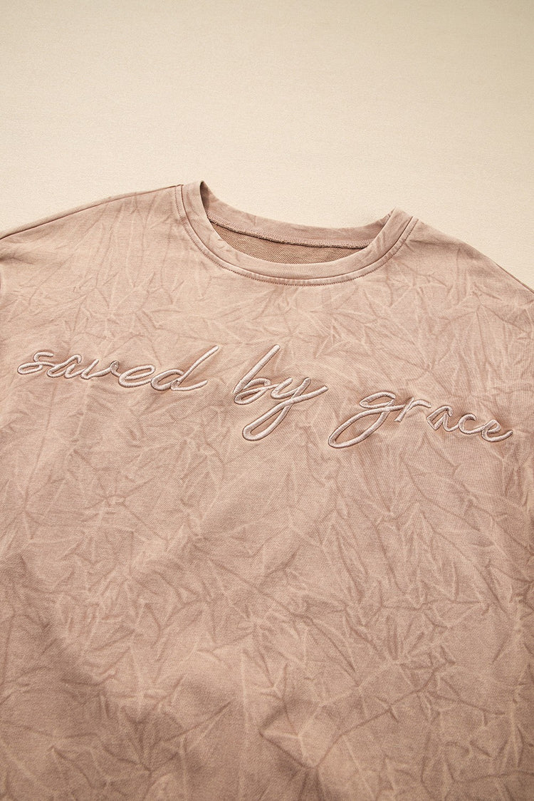 Saved by Grace Faith Letter Embroidery Mineral Wash Sweatshirt