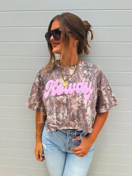 Howdy Pink Puff Cropped Camo Tee