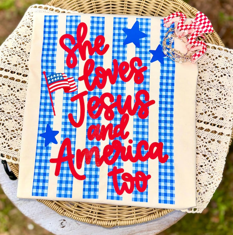 She Loves Jesus & America Too Floral Striped 4th of July Comfort Colors Graphic Tee