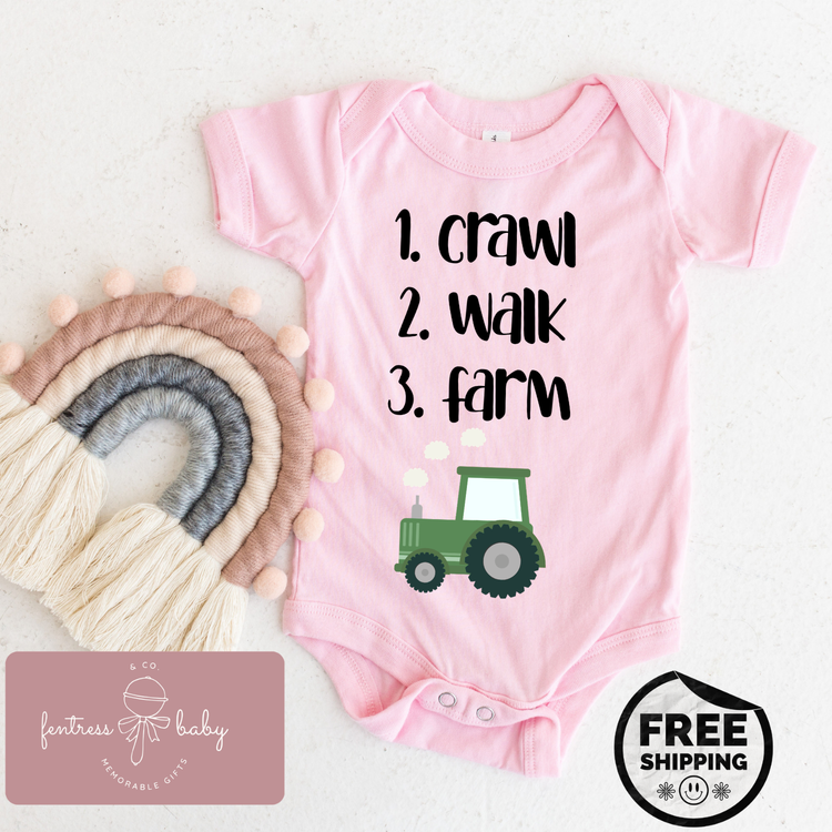 1. Crawl 2. Walk 3. Farm Pregnancy Announcement Onesie