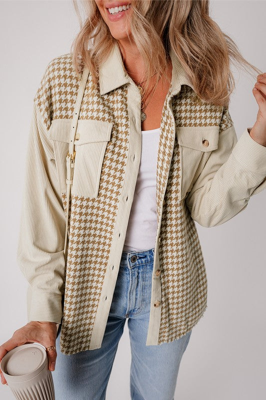 Houndstooth Corduroy Patchwork Flag Pocket Shacket