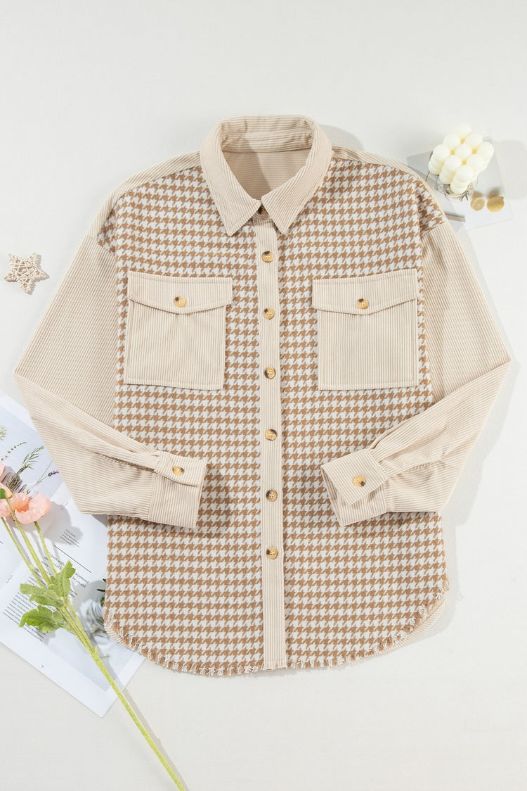 Houndstooth Corduroy Patchwork Flag Pocket Shacket