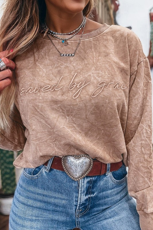 Saved by Grace Faith Letter Embroidery Mineral Wash Sweatshirt