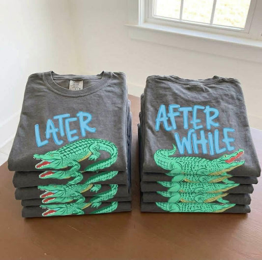 Later Alligator Boys Font Comfort Colors Graphic Tee Front and Back