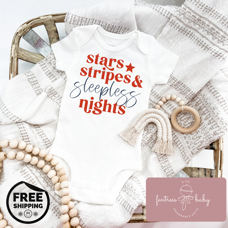 Stars Stripes & Sleepless Nights Pregnancy Announcement Onesie