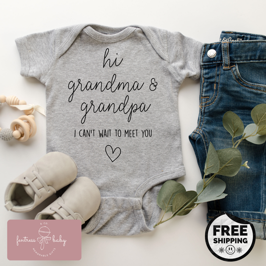 Hi Grandma & Grandpa I Can't Wait To Meet You Pregnancy Announcement Onesie