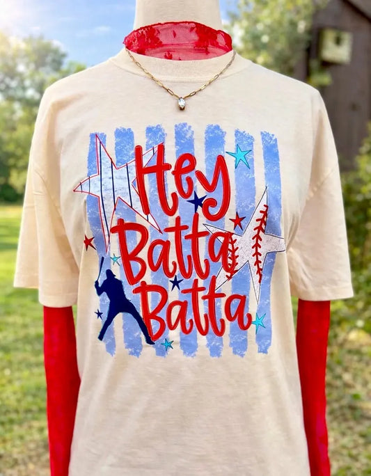 Hey Batta Batta Stripes Baseball Stars Comfort Colors Graphic Tee