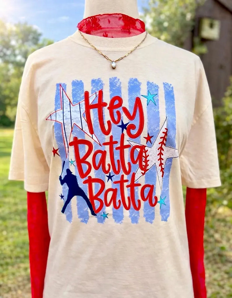Hey Batta Batta Stripes Baseball Stars Comfort Colors Graphic Tee