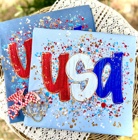 USA Splatter Doodle 4th of July Comfort Colors Graphic Tee