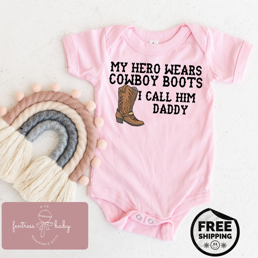 My Hero Wears Cowboy Boots Pregnancy Announcement Onesie